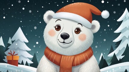 kid illustration of cute polar bear in winter when christmas
