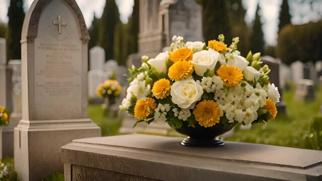 Flower Arrangement on Cemetery Headstone Generative AI