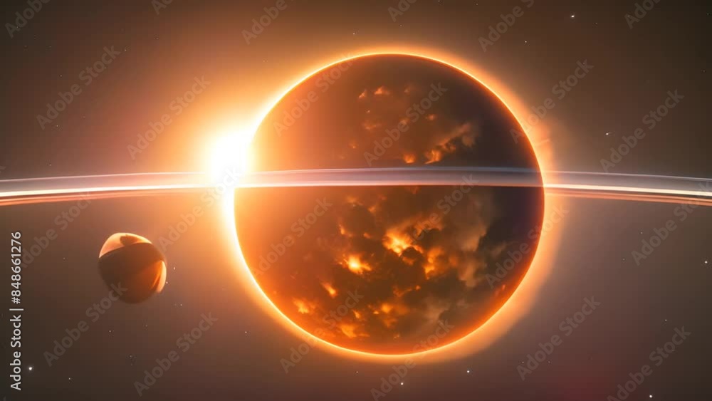 Poster glowing planet with rings in space generative ai