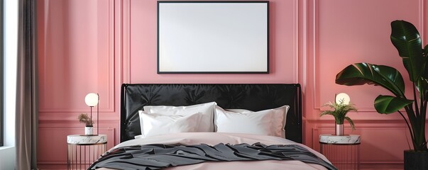 3D rendering, large blank picture frame on wall of bedroom with pink walls and black bed headboard, marble side tables, plant in corner, soft lighting