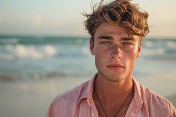 portrait of a handsome brutal young guy in a pink shirt on the beach. Summer vacation by the sea