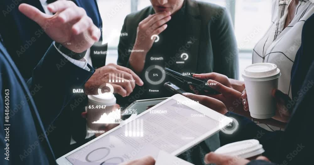 Poster Digital tablet, overlay and stock data for business people with cybersecurity for fintech. Online graph, ux research and information technology dashboard for employee discussion with web analytics