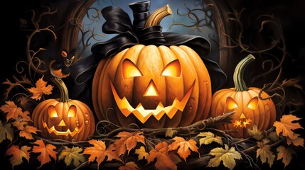 A jackolantern pumpkin with a black ribbon surrounded by smaller pumpkins and autumn leaves
