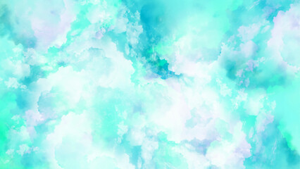 Blue-green watercolor painted texture and grunge in paper. Blue white watercolor background. Blue sky background.