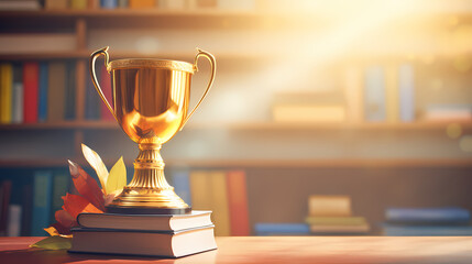 Golden trophy and a pile of books on the table