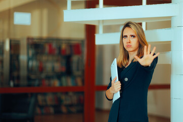 Manager Imposing Strict Rules Making Stop Sign in the Office. Female leader being authoritarian and...