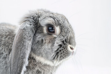 A fluffy grey lop-eared rabbit sits alert on a white background, its fur detailed and eyes bright. Perfect for Easter, pet, or nature projects.. Wildlife Animals.