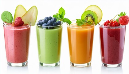 Set of classical fresh delicious smoothies decorated with fruits and berries isolated on transparent background. Vegan natural healthy drinks
