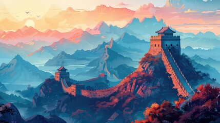 Illustration Great wall  China, Generative AI