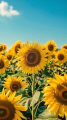 Obraz premium Sunflower field: A field of tall sunflowers with a bright blue sky above, leaving room for text