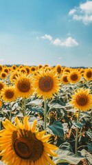 Fototapeta premium Sunflower field: A field of tall sunflowers with a bright blue sky above, leaving room for text