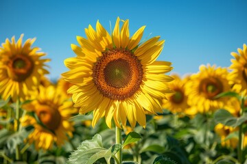 Fototapeta premium Sunflower field: A field of tall sunflowers with a bright blue sky above, leaving room for text