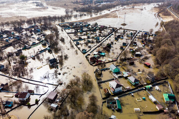 View from a quadcopter of a flooded village during spring floods