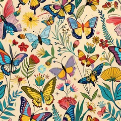 Fototapeta premium Seamless pattern of free-spirited butterflies and birds among wildflowers, Generative AI