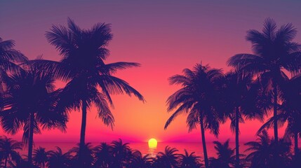 Obraz premium Tropical palm trees: Palm trees silhouetted against a sunset sky, with a gradient from orange to purple, leaving space for text.