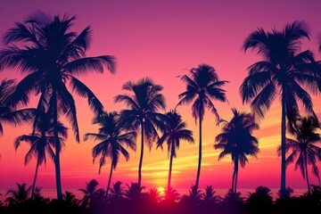 Tropical palm trees: Palm trees silhouetted against a sunset sky, with a gradient from orange to purple, leaving space for text.

