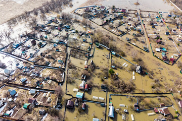View from a quadcopter of a flooded village during spring floods