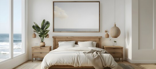 A large, simple wooden frame is hanging on the wall of an elegant bedroom with white walls and light wood floors