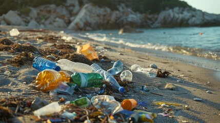 An impactful real-life image depicting the devastating effects of pollution with plastic debris covering a once-pure beach landscape
