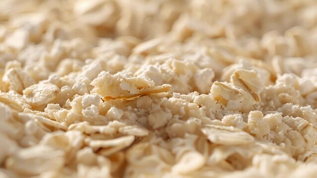 A zoomedin image of the surface of a bowl of lumpy oatmeal showing the uneven and irregular pattern of oats and other ingredients.