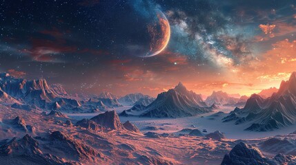 A beautiful, starry night sky with a large planet in the background