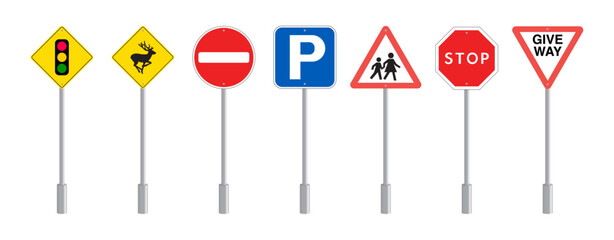 Set of Road Signs, Traffic Signs: Traffic Light Signal Ahead, Animal Crossing, No Entry, Car Parking, School Crossing, Stop and Give Way Ahead Symbol. Vector.