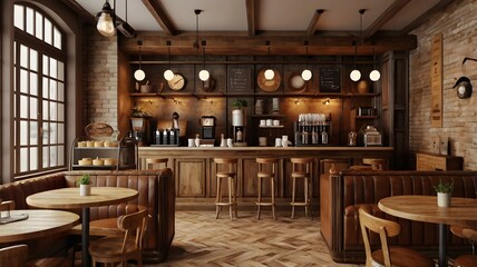 Interior design of cafe with wooden vintage style, decorated with warm and cozy tones, relaxing tones with classic old wood round corner counter and coffee machinery.