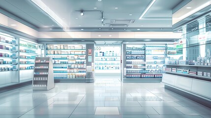 Obraz premium Interior of empty modern pharmacy, Pharmacy shop background. copy space for text.