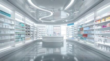Obraz premium Interior of empty modern pharmacy, Pharmacy shop background. copy space for text.