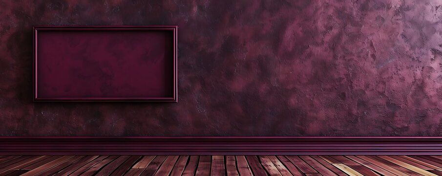 A deep wine-colored wall with a single narrow rectangular empty blank picture frame, positioned vertically above a rich wooden floor. The frame is highlighted softly.