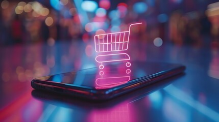 Digital shopping cart hologram on a smartphone, symbolizing online shopping, e-commerce, and modern retail technology with futuristic colors.