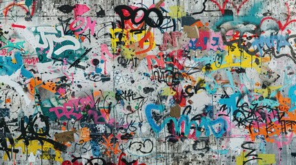A concrete wall covered in a chaotic mix of abstract graffiti tags, smears, and strokes in a rich variety of colors, each layer adding depth and intensity to the texture.