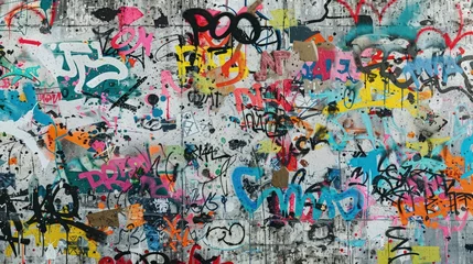 Acrylglasbilder Graffiti A concrete wall covered in a chaotic mix of abstract graffiti tags, smears, and strokes in a rich variety of colors, each layer adding depth and intensity to the texture.  © Aqsa