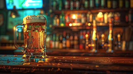 Mug of beer on bar counter in the pub. copy space for text.
