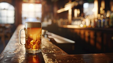 Mug of beer on bar counter in the pub. copy space for text.