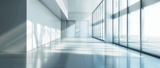 Obraz premium Modern Minimalist Interior with Large Windows and Natural Light in a Spacious Open Room with Clean White Walls and Reflective Floors