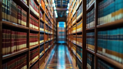 Obraz premium Rows and shelves filled with books in the law library, creating an atmosphere for deep study or research.