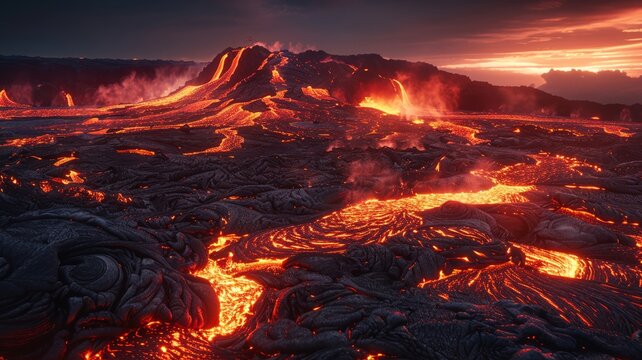 Molten Lava Flow at Sunset: The Beauty and Power of Nature's Fiery Spectacle