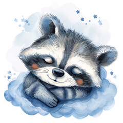 A baby raccoon resting on a cloud clipart, pastel tone, watercolor, isolated on white background transparent background