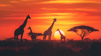 Elegant Giraffes Silhouetted Against Breathtaking African Sunset with Acacia Trees on the Horizon