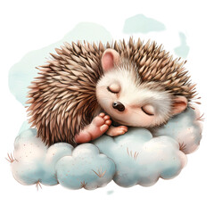 A baby hedgehog napping on a cloud clipart, pastel tone, watercolor, isolated on white background transparent background