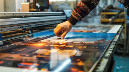 Close up of Male worker in a graphic design printing company working with large printer and paper rolls to print posters, magazines, or brochures. A creative man at work for an advertising agency.