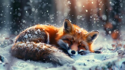 Fototapeta premium Cozy Fox Curled Up in Snowy Forest with Soft Snowfall and Gentle Lighting