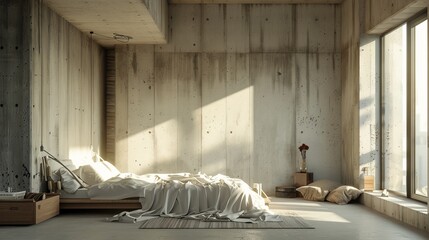 A bedroom in progress, concrete walls and floor, electrical wiring exposed, early morning sunlight through the windows