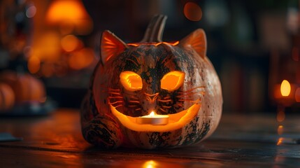 Naklejka premium Carved Pumpkin with Cat Face and Candle Spooky Halloween in Warm Lighting
