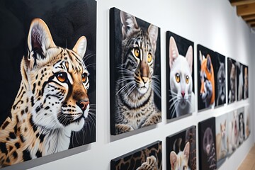 A gallery wall dedicated to displaying a series of hyper-realistic animal portraits, each canvas meticulously detailed to capture the animal's essence. 