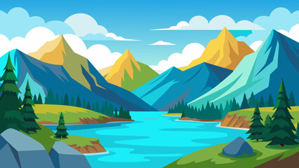 A picturesque view of mountains, a lake, and a forest of trees. Scenic mountain landscape with a tranquil lake and lush trees. 