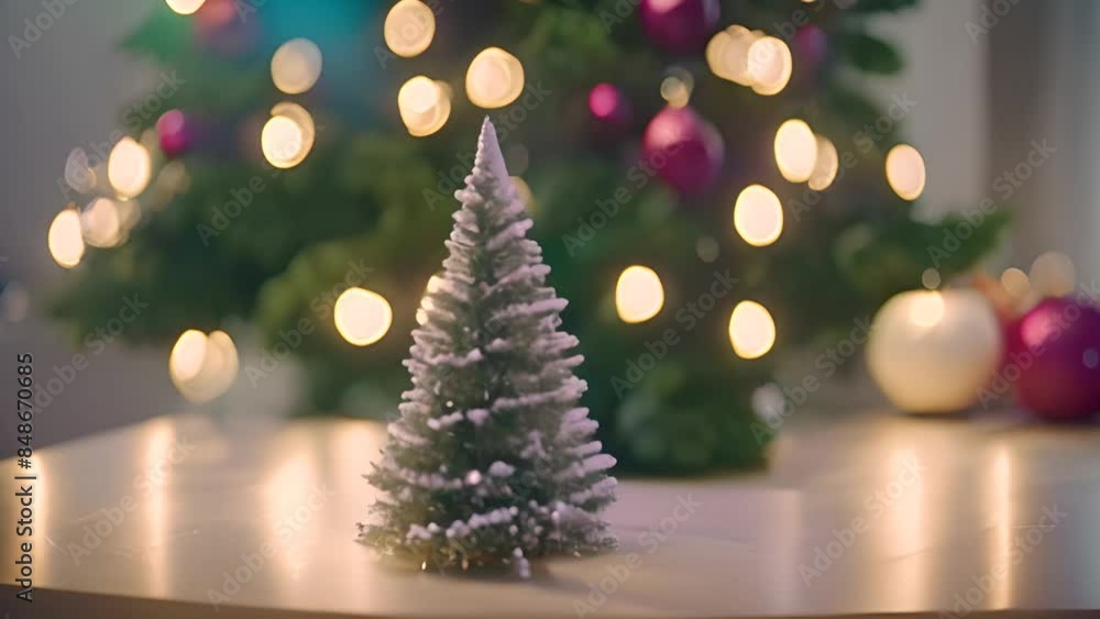 Poster small christmas tree on table with lights generative ai
