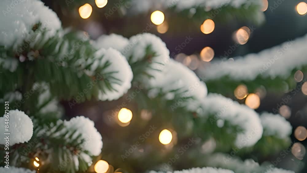 Poster snow-covered pine branches with lights generative ai