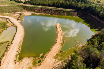 Aerial view of a flooded area of a sand quarry, quarry pond